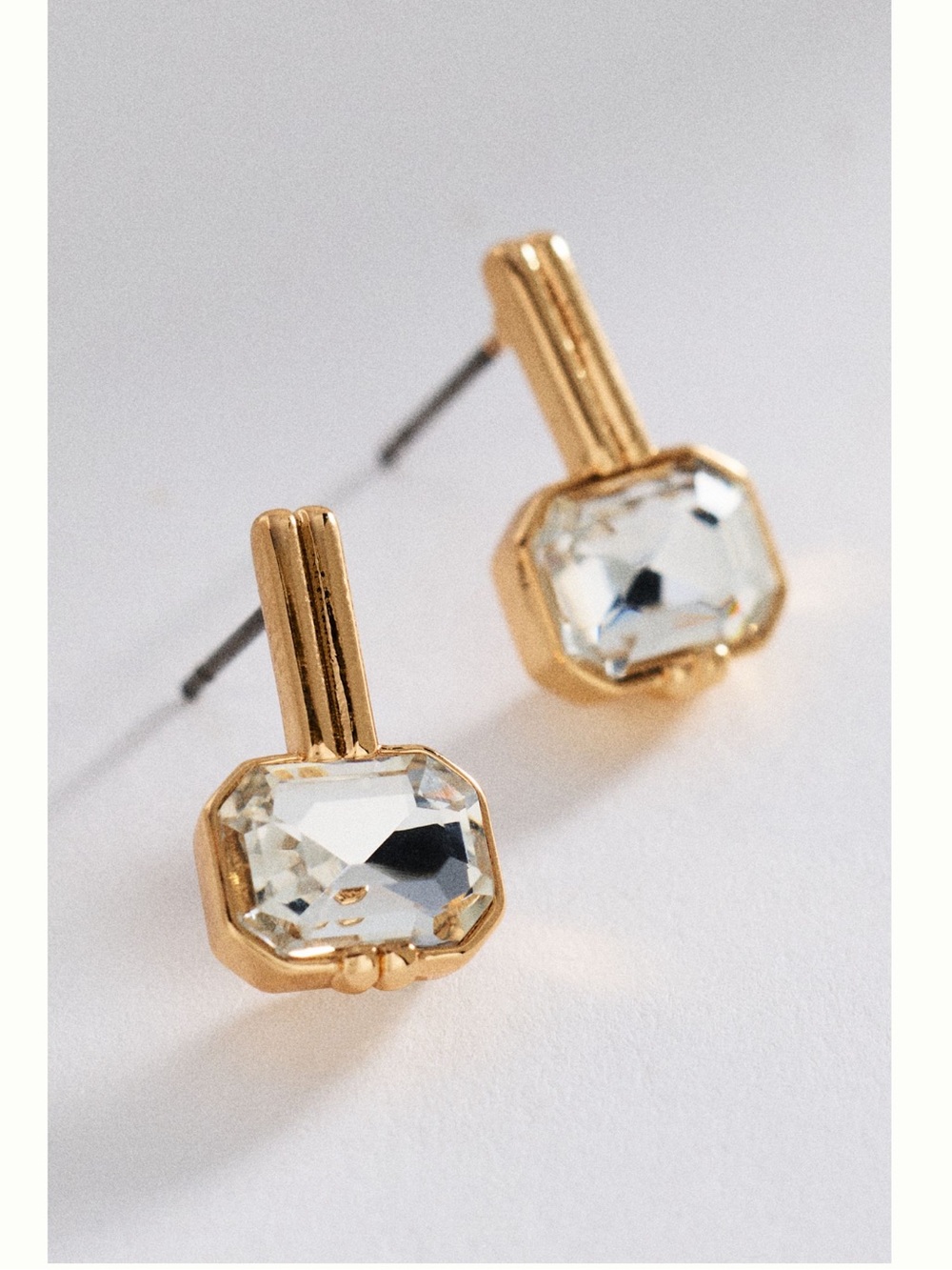 Anthropologie Gold Plated Earrings Square Crystal Drop New Clear